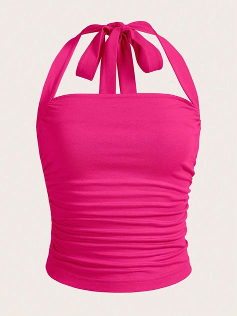 SHEIN EZwear Solid Ruched Halter Top | SHEIN Hot Pink Outfit Casual, Bright Pink Clothes, Hot Pink Halter Top, Hot Pink Shirts, Neon Pink Outfit, Pink Y2k Top, Neon Pink Tops, Hot Pink Outfit, Summer Halter Tops