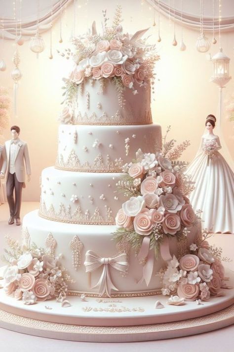 Wedding Cake With Flowers On Top, Blissful Wedding Cake, Classy Wedding Cakes, Fountain Wedding Cakes, Wedding Cake Peach, Fancy Wedding Cakes, Rose Gold Wedding Cakes, Big Wedding Cakes, Birthday Cake Decorating Ideas