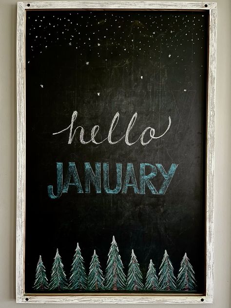 Chalkboard Designs January, January Chalkboard Ideas, January Chalkboard, Chalk Signs, Christmas Party Costume, Hello January, Chalkboard Calendar, Chalk Ideas, Chalk Sign