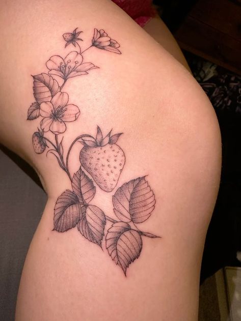 Strawberry Tattoo Sketch, Strawberry Elbow Tattoo, Strawberry Tree Tattoo, Strawberry Leg Tattoo, Strawberry Shoulder Tattoo, Strawberry Vine Tattoo Black And White, Cute Knee Tattoos Women, Strawberry Hip Tattoo, Black Strawberry Tattoo