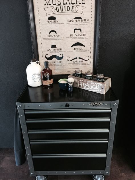 Viper Tool Storage for our Hot Shave Station Tool Box Barber Station, Home Barber Station, Toolbox Barber Station, Barber Shop With Tool Boxes, Salon Tool Box Station, Hair Stylist Storage Ideas, Tool Box Salon Station, At Home Barber Station, Barber Suite Ideas