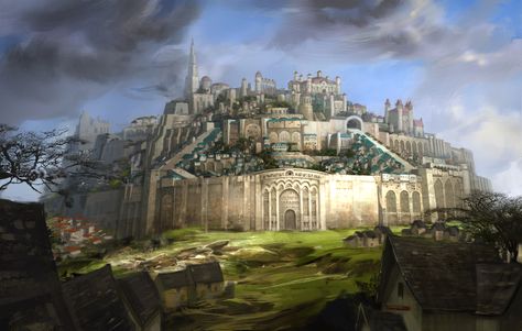 Layered City Concept Art, Island Kingdom Fantasy Art, Bravely Default Concept Art, Fantasy Citadel, Dwarven Architecture, Bravely Second, Kingdom Ideas, Dwarven City, Fantasy Buildings