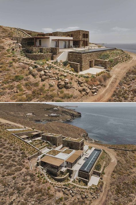 Green Roofs With Native Plants Enhance This Home Built Into A Rocky Hillside Built Into Hillside, House Built Into Hillside, Earth Sheltered Homes, Green Roofs, Hillside House, Earth Sheltered, A Frame House Plans, Weekend House, Landscape Architecture Design