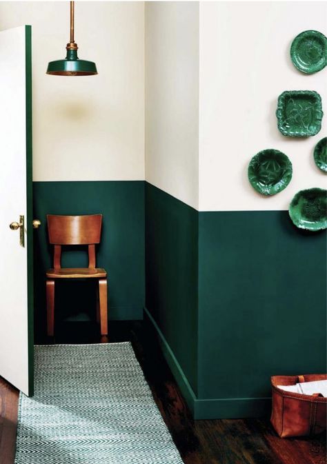 Emerald & Ivory | Martha Stewart Living #walls #entry #hallway #paint Emerald Hallway, Halfway Painted Walls, Emerald Green Hallway, Half Painted Wall Hallway, Green Wall Painting Ideas, Dark Green Hallway, Corridor Inspiration, Hallway Wall Colors, Half Painted Walls