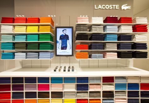 LACOSTE Polo Wall Heathrow T4 Pants Display, Lacoste Store, Polo Store, Lacoste Shop, Suit Stores, Clothing Store Interior, Clothing Store Design, Polo Lacoste, London Interior