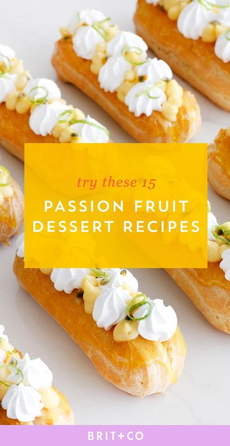 Bookmark this to discover 15 delicious passion fruit dessert recipes to serve to your sweetie. What To Do With Passion Fruit, Passion Fruit Desserts Recipe, Passion Fruit Recipes Vegan, Passion Fruit Baking, Deserts With Passion Fruit, Passionfruit Dessert, Passion Fruit Ice Cream, Fruit Cream, Coconut Slice