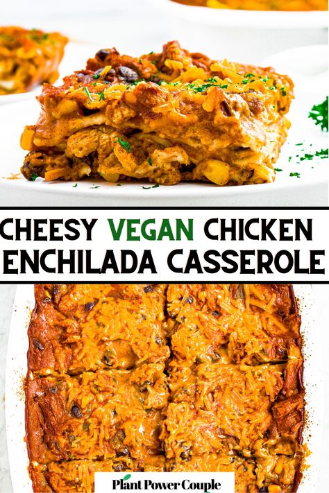 Dive into the deliciousness of this vegan chicken enchilada casserole! Spicy, simple, and bursting with flavor, it's a Mexican-inspired masterpiece that's surprisingly easy to whip up. With layers of savory vegan chicken, beans, corn, and enchilada sauce nestled between cheesy tortillas, each bite is a fiesta for your taste buds. Perfect for busy weeknights or family dinners, it's a guaranteed crowd-pleaser that'll have everyone coming back for seconds! Vegan Chicken Enchiladas, Vegan Chicken Casserole, Vegan Enchilada Casserole, Vegan Chicken Recipes, Vegan Casseroles, Chicken Beans, Chicken Fajita Casserole, Vegan Enchiladas, Vegan Casserole