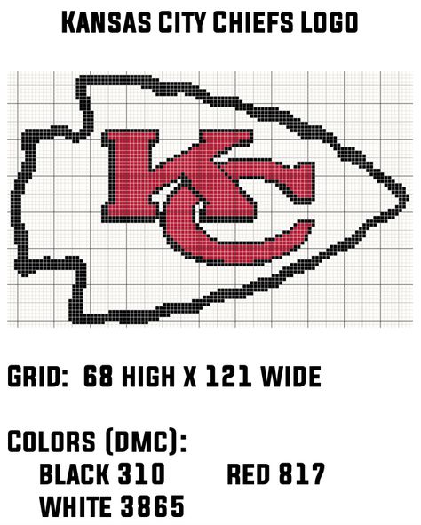 Kansas City Chiefs Cross Stitch Pattern, Chiefs Cross Stitch Pattern, Kansas City Chiefs Craft, Chiefs Crafts, Bobble Stitch Crochet, Kansas City Chiefs Logo, Mlb Logo, Chiefs Logo, Sports Team Logos