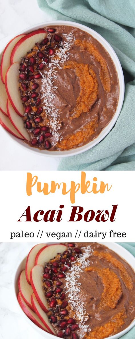 Taking the flavors of fall and blending them together to make this Pumpkin Acai Bowl that is perfect for a warm fall day! - Eat the Gains Pumpkin Acai Bowl, Everyday Smoothie, Gains Recipes, Pumpkin Foods, Açai Bowls, Vegan Potluck, Açaí Bowls, Acai Bowls Recipe, Vegan Smoothie Bowl