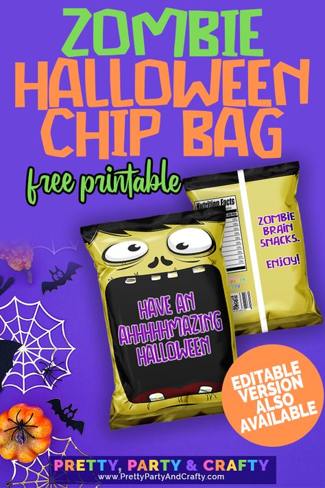 Halloween Chip Bag Printable Free - Pretty Party and Crafty Halloween Chip Bags Free, Free Chip Bag Printables, Halloween Chip Bags, Halloween Party Favor Ideas, Chip Bag Printable, Creepy Halloween Food, Halloween Popcorn, Candy Alternatives, Halloween 23