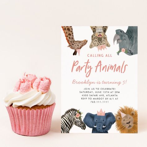 Calling All Party Animals Pink Safari Birthday Invitation - kids birthday Young Wild And Three, Floral Birthday Invitations, Birthday Party Design, Safari Birthday Party, 2nd Birthday Invitations, Girl 2nd Birthday, Safari Birthday, Cadeau Photo, Birthday Invitations Girl