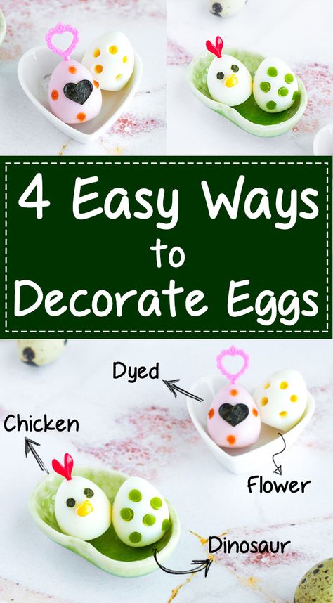 4 Ways to Decorate Eggs - Step-by-step tutorial (+ video!) for making colored eggs, dinosaur eggs, flower eggs, & chicken eggs. Makes the perfect addition to any bento box! Works on hard-boiled quail or chicken eggs. | www.loveatfirstbento.com Bento Supplies, Bento Tutorial, Shaving Cream Easter Eggs, Fun School Lunches, Back To School Lunch Ideas, Egg Game, Japanese Food Bento, Kawaii Bento, Colored Eggs