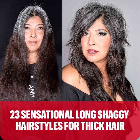 Grey Blended Long Shag for Thick Hair Long Thick Shag Haircut, Long Shag Haircut Straight Hair Side Part, Shag For Long Hair, Shag Haircut With Side Part, Long Shag With Side Part, Long Shag Haircut With Bangs Thick Hair, Long Shag Haircut Choppy Layers Straight, Choppy Long Hair With Bangs, Layered Shag With Fringe Long