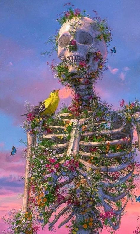 Skeleton, Flowers, Pink, Blue, Art