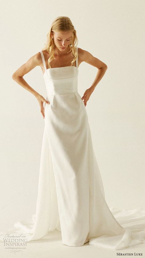 Weddinginspirasi.com featuring - sebastien luke fall 2019 bridal sleeeless beaded straps straight across neckline column wedding dress chapel train minimal clean modern (10) mv -- Sébastien Luke Fall 2019 Wedding Dresses #wedding #weddings #bridal #weddingdress #weddingdresses #bride #fashion #label:SébastienLuke #season:Fall/Winter #week:402018 #year:2019 ~ Minimal Wedding Dress, Column Wedding Dress, Wedding Inspirasi, Chapel Train, Bridal Look, Princess Wedding, Wedding Mood, Bridal Wedding Dresses, Wedding Dress Inspiration