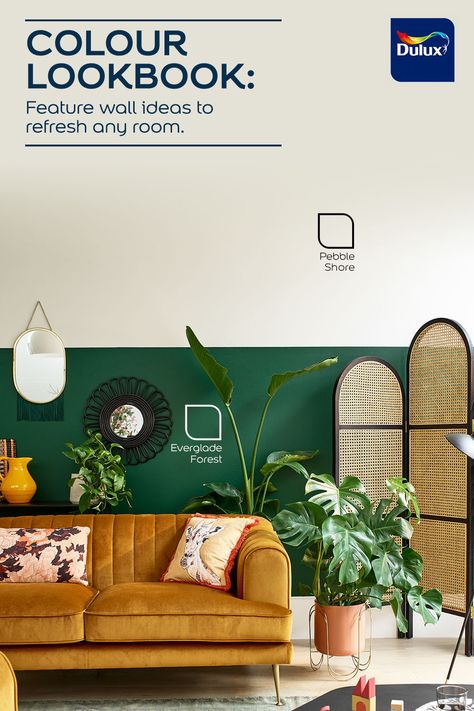 Dulux Heritage Rosemary Leaf, Split Wall Paint, Split Wall Paint Color Schemes, Split Painted Walls, Multi Colored Walls Paint Ideas, Highland Green Dulux Paint, Dulux Interior Greens, Green Paint Dulux Wall Colours, Wall Paint Color Schemes