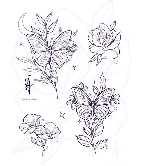 🌸 More designs available! 🌟 If you’re into butterflies or elegant florals, these designs are perfect for your next tattoo. ✨ a) Butterfly with delicate flowers and a crescent moon 🌙🦋 b) Blooming rose 🌹 c) Pair of blossoms 🌺 (D is already claimed) DM me or the studio to claim yours! 💫 -Spaces left for July, Taking deposits for August😊 #girlytattoos #tattoo #tattoos #girlswithtattoos #ink #girlytattoo #inked #cutetattoos #tattooartist #inkedgirls #tattooideas #flowertattoo #girly #tattooart... Girly Flower Tattoos, Girly Butterfly Tattoos, Girly Tattoo Stencils, Henna Butterfly Design, Flowers And Butterfly Tattoo, Brenda Tattoo, Butterfly Flowers Tattoo, Butterfly And Flower Tattoo Designs, Butterfly Floral Tattoo