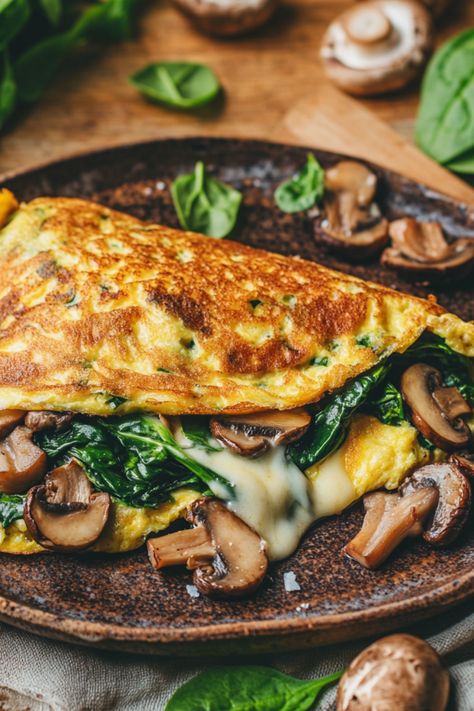 Egg Mushroom Spinach, Egg Omelette Sandwich, The Perfect Omelette, Spinach Omelette Healthy, Mushroom Spinach Omelette, Eggs Spinach Mushrooms, Breakfast Ideas Omelette, Breakfast Ideas Savoury, Eggs With Spinach Breakfast