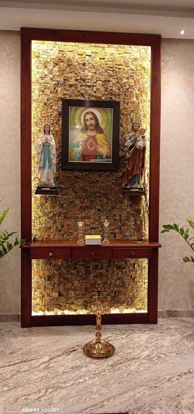 Prayer Room Designs by Civil Engineer Nidhin Ponnakkampadan, Malappuram | Kolo Small Altar Design Home Catholic, Christian Altar Ideas For Home, Modern Altar Design Home Catholic, Catholic Altar Home Ideas, Home Altar Ideas, Small Altar Ideas, Wall Altar Ideas Catholic, Catholic Home Altar Ideas Living Rooms, Altar Catholic