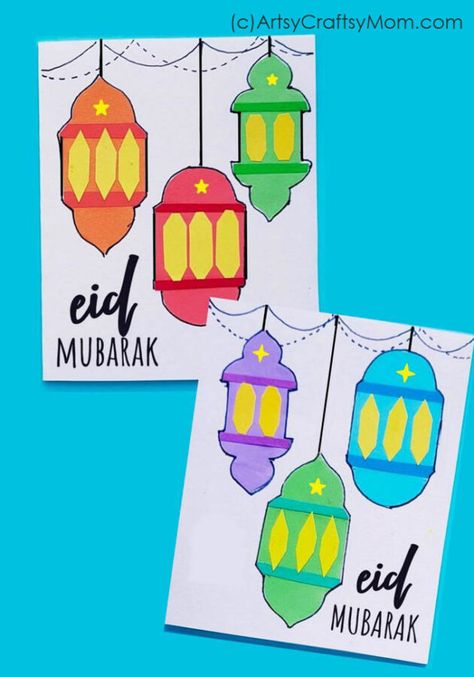 Eid Drawing Ideas Easy, Eid Mubarak Craft Ideas, Eid Card Designs For Kids, Easy Eid Cards For Kids, Diy Eid Cards Ideas, Diy Eid Cards For Kids, Eid Card Making Ideas, Ramadan Cards For Kids, Eid Card Designs Handmade