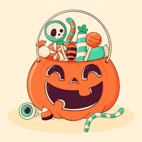 Premium Vector | Pumpkin basket with candies cartoon hand drawn style Halloween Candy Drawing, Cute Pumpkin Drawing, Bucket Drawing, Candy Cartoon, Pumpkin Cartoon, Nightmare Before Christmas Pictures, Fall Journal, Thanksgiving Candy, Candy Drawing