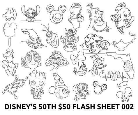 Disney Tattoo Flash, Tiny Disney Tattoo, Tattoo Flash Sheets, Disney Inspired Tattoos, Disney Sleeve, Flash Sheets, Nail Stencils, Flash Sheet, Flash Tattoo Designs