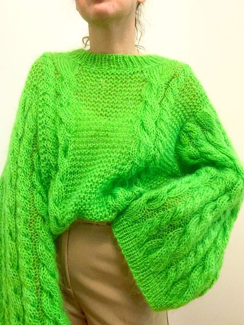 Handmade Neon green knitted mohair woman sweater Fluffy oversized | Grailed Neon Sweater, Woman Sweater, Knitting Sweater, Green Sweater, Neon Green, Women's Tops, Unique Patterns, Knitted Sweaters, Loose Fitting