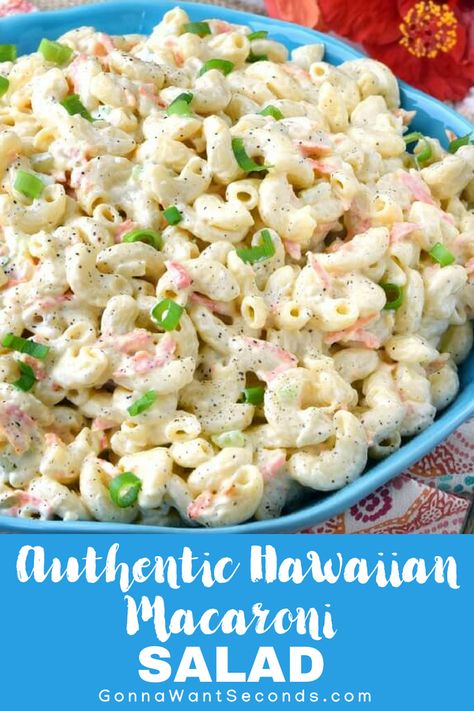 Unique Pasta Salad, Luau Party Food, Unique Pasta, Hawaiian Macaroni Salad, Luau Food, Hawaiian Dishes, Macaroni Salad Recipe, Creamy Dressing, Salad Pasta