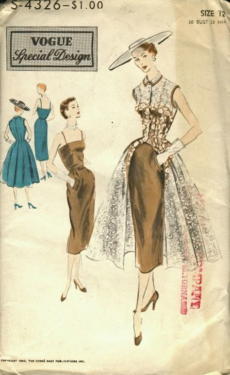 Vogue S-4326---aaahhh--love the class of overskirts!!.... Vintage Clothes Patterns, Vintage Vogue Patterns, 1950s Sewing Patterns, Vintage Vogue Sewing Patterns, Patron Vintage, 1950 Fashion, 20th Century Fashion, Vintage Dress Patterns, Vogue Sewing Patterns