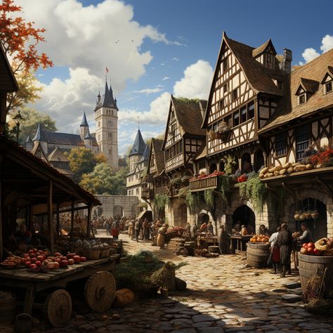 Dnd Town Art, Medieval Town Aesthetic, Fantasy Town Aesthetic, Fantasy Town Art, Kingdom Village, Medieval Town Square, Medieval Buildings, Fantasy Village, Fantasy Town