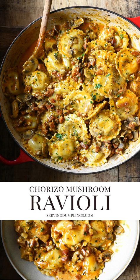 Mushroom Chorizo, Serving Dumplings, Spanish Chorizo, Chorizo Pasta, Mushroom Ravioli, Chorizo Recipes, Homemade Ravioli, Sunday Dinners, Filled Pasta