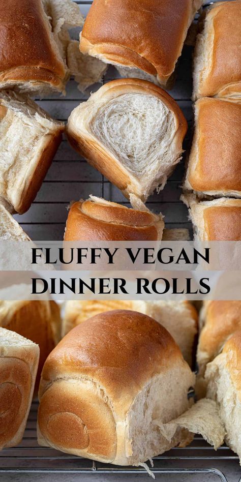 Vegan dinner rolls - these delicious milk bread rolls are super soft, fluffy and delicious. They are perfect for serving as a side, with soup or for making sandwiches. The tangzhong method helps to keep them soft for days without needing to add lots of fat. Don't worry, it's really easy! Vegan Bread Recipes Easy, Vegan Brioche Buns, Vegan Milk Bread, Vegan Rolls Recipe, Easy Vegan Bread, Vegan Dough, Vegan Bread Rolls, Soft Rolls Recipe, Vegan Rolls