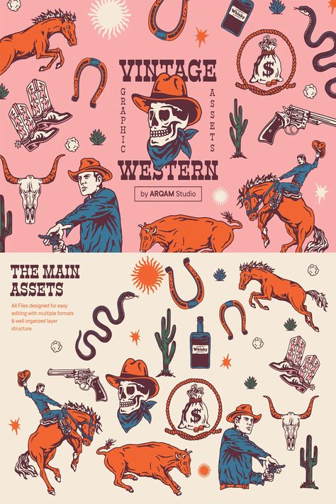 Western Poster Design, Modern Western Graphic Design, Saloon Illustration, Retro Cowboy Aesthetic, Western Flyer, Thai Bbq, Western Inspiration, Diy Collage, Cowgirl Stuff