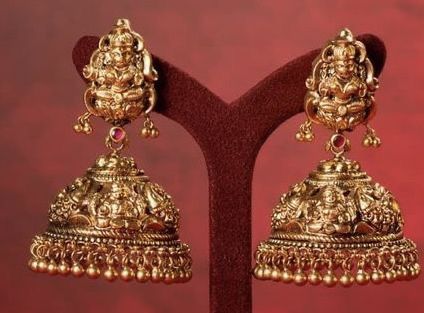 Lakshmi Buttalu Earrings Gold, Nakshi Jhumkas Gold Earrings, Jimki Designs, Lakshmi Earrings, Gold Jumkas, Gold Buttalu, Temple Jewellery Jhumkas, Golden Jhumka, Gold Ear Rings