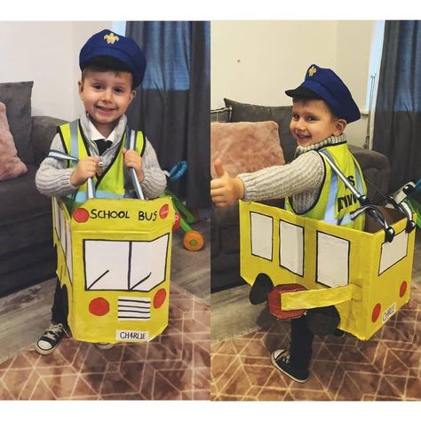 Wheels On The Bus Costume, Wheels On The Bus Halloween Costume, Vehicle Halloween Costume, Cardboard Bus Costume, Tow Truck Costume, Bus Driver Costume, Cardboard Box Car Costume, Bus Cardboard, Cardboard School Bus