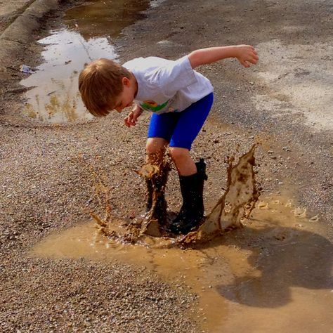 Mud puddles ROCK! I remember so many play days after the rain.  Memories Puddles Illustration, Kids Playing Aesthetic, Playing In Puddles, Mud Play, Jumping In Puddles, Playing In The Rain, Mud Puddle, Child Playing, Farm Lifestyle