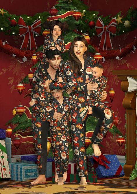 Holiday matching pajamas set | Patreon Sims 4 Seasons, Christmas Poses, Sims 4 Piercings, Sims 4 Family, Shirt Dress Outfit, Sims 4 Dresses, Christmas Pjs, Lazy Outfits, Holiday Pajamas