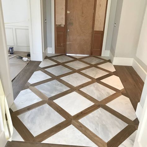 Ask and you shall receive #progressshots #customiswhatwedo #reclaimedwood #customcutlimestone @dorosflooring @annsacks_htx… Tile Rug Inlay Bathroom, Tile Rug Inlay, Tile Inlay, Patterned Bathroom Tiles, Entryway Tile, Entrance Floor, Foyer Flooring, Wood Floor Design, Entry Tile