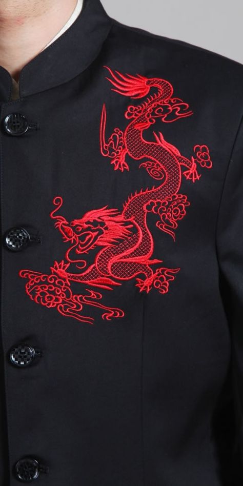 Mao Suit, Dragon Standing, Round Collar Shirt, Dragons Clothes, Dragon Embroidery, Anime Inspired Outfits, Red Embroidery, Standing Collar, Dragon Print