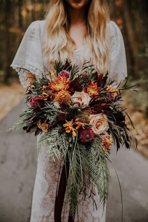 Autumn wedding colors 2019 { Blackberry + Dark Blue + Maroon + Spicy Woodland Wedding Bouquet, Bohemian Wedding Flowers, Boho Wedding Dress With Sleeves, Orange Bridal Bouquet, Boho Chic Fall, Fall Wedding Color Schemes, Bridal Bouquet Fall, Flowers And Greenery, Bouquet Inspiration