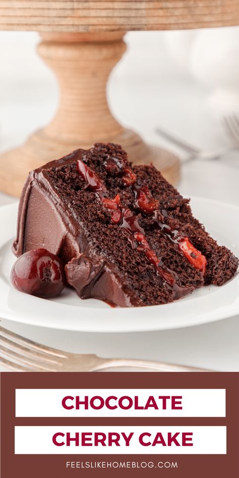 This chocolate cherry cake or Black Forest Cake is made from scratch with gluten-free or wheat flour, cherry pie filling, and homemade chocolate frosting, so it is moist, rich, and delicious. Chocolate Cherry Layer Cake, Cherry Chocolate Cake Recipe, Chocolate Cake Fillings Ideas, Chocolate Cherry Mousse Cake, Chocolate Cherry Cake Decoration, Easy Black Forest Cake Recipe Simple, Cherry Filling For Cake, Dark Chocolate Cherry Cake, Chocolate Cake With Cherry Filling