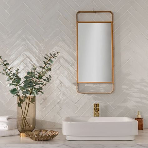 White Herringbone Tile Bathroom, Bathroom 2025, Herringbone Tile Bathroom, White Herringbone Tile, Bronze Tiles, Ensuite Ideas, Herringbone Wall, Topps Tiles, Modern Bathtub