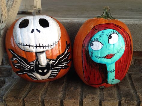 Nightmare before Christmas Jack and Sally hand painted pumpkins Diy Pumpkins Painting, Cute Painted Pumpkin Ideas, Disney Pumpkin Painting, Nightmare Before Christmas Pumpkin, Jack Skellington Pumpkin, Halloween Pumpkin Crafts, Creative Pumpkin Painting, Creative Pumpkin Decorating, Halloween Pumpkin Carving Stencils