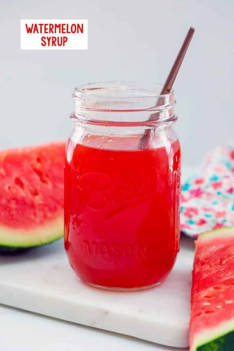 Watermelon Simple Syrup Recipe, Watermelon Syrup Canning, Homemade Fruit Syrup For Drinks, Fruit Simple Syrup Recipe, Watermelon Syrup Recipes, Canning Closet, Watermelon Simple Syrup, Watermelon Salads, Fruit Syrup Recipe