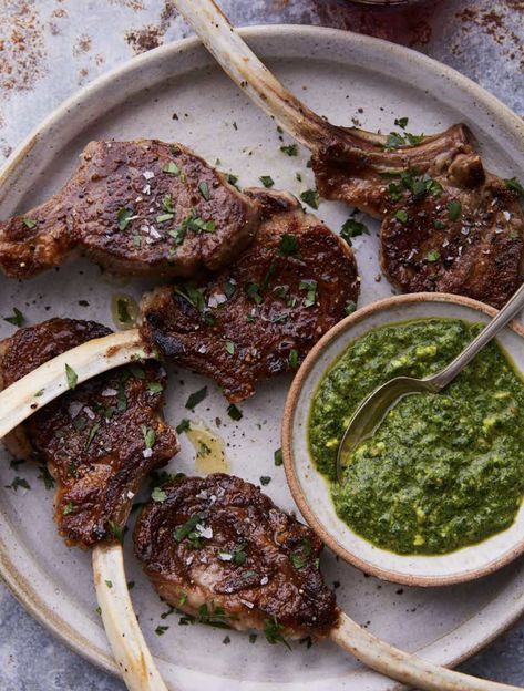 Lollipop Lamb Chops, Grilled Lamb Recipes, Pork Chops And Applesauce, Lamb Lollipops, Food Portrait, Lamb Steaks, Salsa Verde Recipe, Grilled Lamb Chops, Lamb Chop Recipes