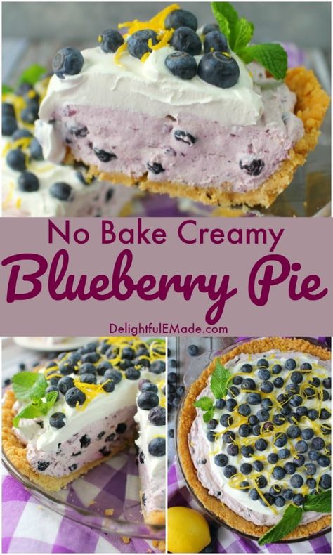 No-Bake Creamy Blueberry Pie | Even easier than pie, this No-Bake Blueberry Pie is the perfect spring and summer dessert! Made with an incredible creamy blueberry filling, this no-bake blueberry dessert is perfect for just about any occasion! Make it for your next grill out, the 4th of July (especially since it's blue and white), or pool party. || Delightful E Made Frozen Berry Pie, Blueberries Recipes, Blueberry Food, Blueberry Cream Pies, Summer Pie, Chilled Desserts, Southern Desserts, Delicious Deserts, Blueberry Desserts