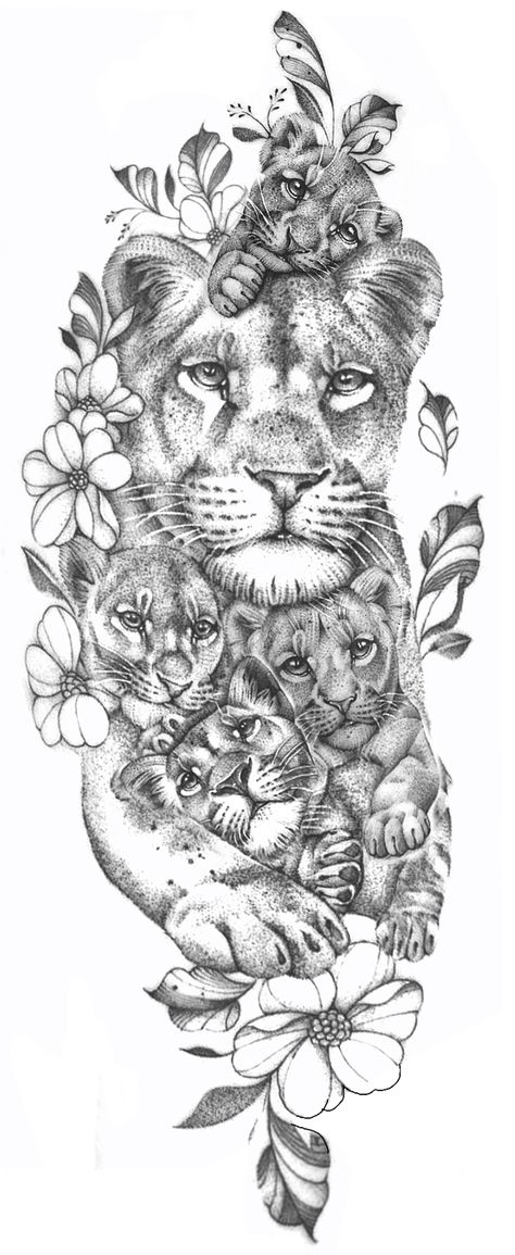 Mother Lioness Tattoo, Lion With 4 Cubs Tattoo, Lioness And 4 Cubs Tattoo Mothers, Tattoo Ideas For Mom Of 4 Kids, Lioness And Cubs Tattoo Design, Lioness With 4 Cubs Tattoo, Mother Daughter Tattoos Lion, Mom And 4 Kids Tattoo, Lion Jungle Tattoo