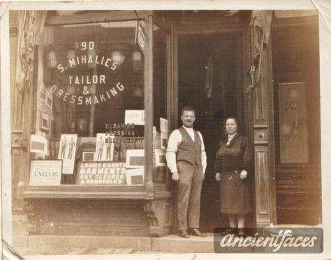 Stephan and Barbara Mihalics, c. 1935 in front of their Tailor shop in NY Victorian Logo, Bar Concept, Barn Wood Crafts, A Mansion, Activity Center, Tailor Shop, Coffee Shop Design, Club Bar, Sewing Studio