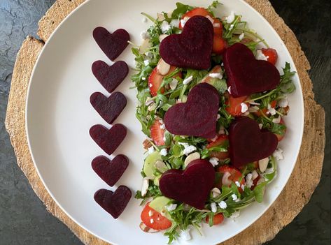 Valentine's Day Beet And Strawberry Salad Valentine Salad, Strawberry Salad Recipe, Cherry Bars, Strawberry Salad, Beet Salad, Vegan Salad, Sliced Almonds, Vegetable Salad, How To Make Salad