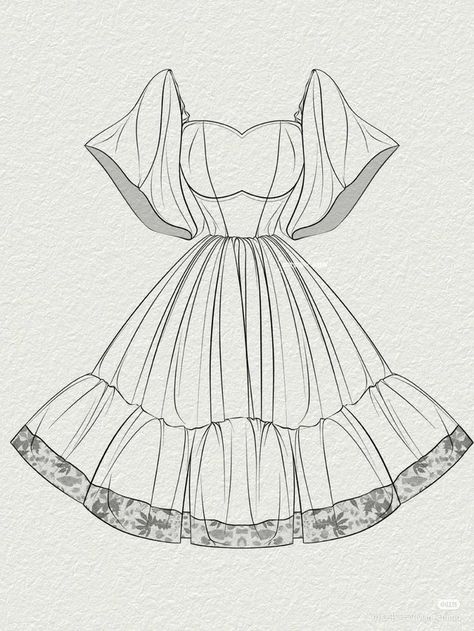 Outfit Drawing Ideas Dress, Outfit Template Drawing, Vintage Dresses Drawing, Flat Sketches Dress, Clothes Design Sketches Women, Drawing Clothes Outfits Sketch, Fashion Flats Illustrations, Fashion Outfits Drawing, Frock Drawing